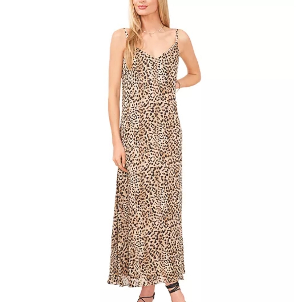 Vince Camuto,Nwt,Womens Printed V-Neck Midi Sl Fall Camel Xs